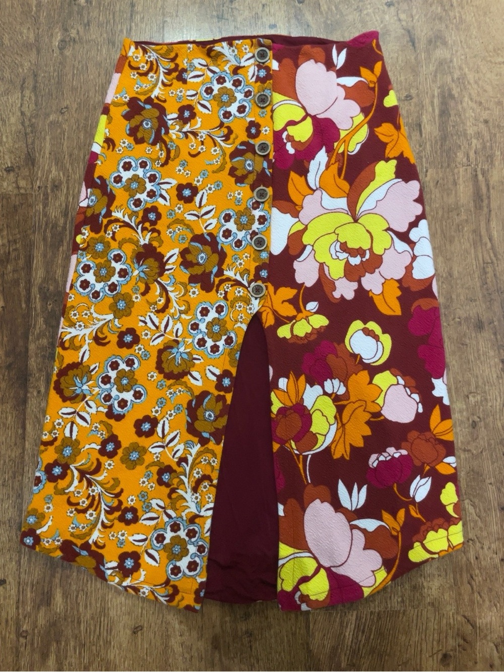 Maeve by Anthropologie Boho Mustard and Burgundy Floral Asymmetrical Midi Skirt